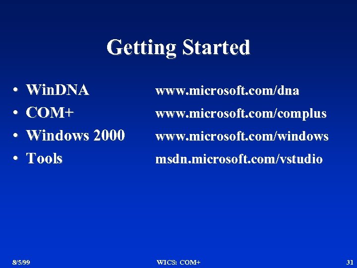 Getting Started • • Win. DNA COM+ Windows 2000 Tools 8/5/99 www. microsoft. com/dna