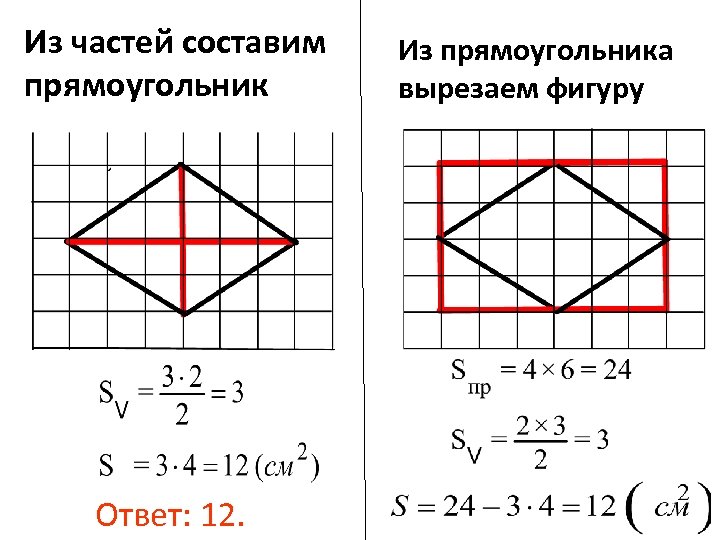 Из частей составим прямоугольник Ответ: 12. Из прямоугольника вырезаем фигуру 