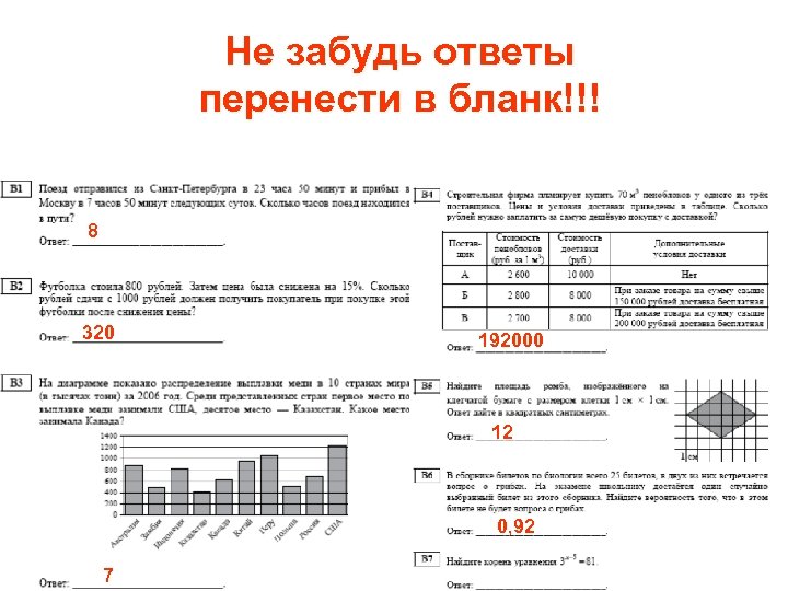Не забудь ответы перенести в бланк!!! 8 320 192000 12 0, 92 7 