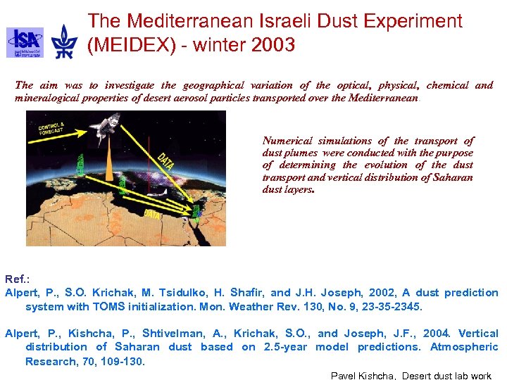 The Mediterranean Israeli Dust Experiment (MEIDEX) - winter 2003 The aim was to investigate