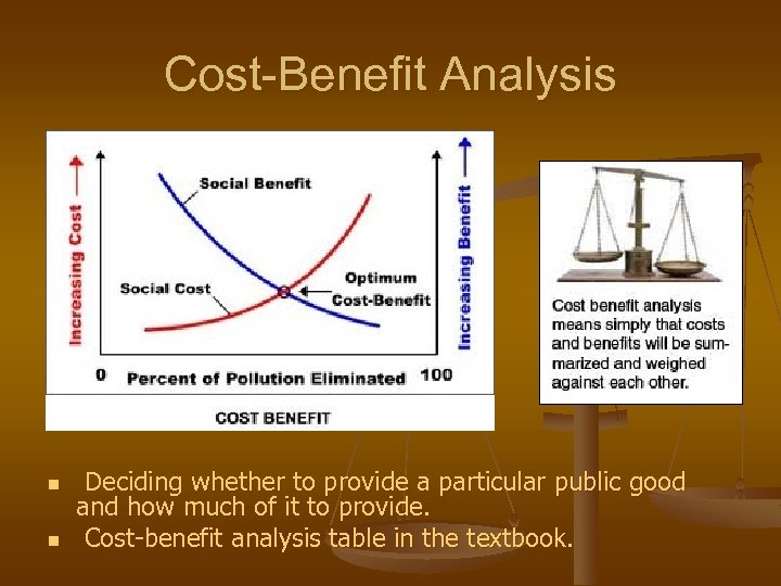 Cost-Benefit Analysis n n Deciding whether to provide a particular public good and how