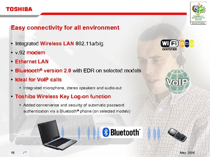 Easy connectivity for all environment • Integrated Wireless LAN 802. 11 a/b/g • v.