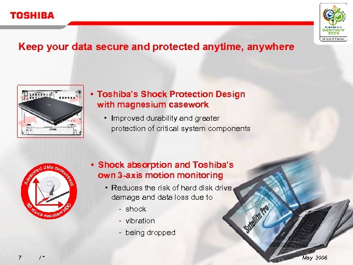 Keep your data secure and protected anytime, anywhere • Toshiba’s Shock Protection Design with