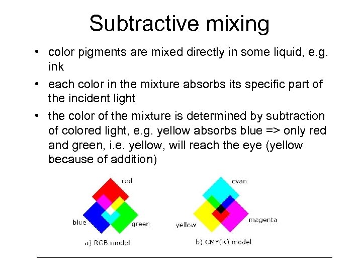 Subtractive mixing • color pigments are mixed directly in some liquid, e. g. ink