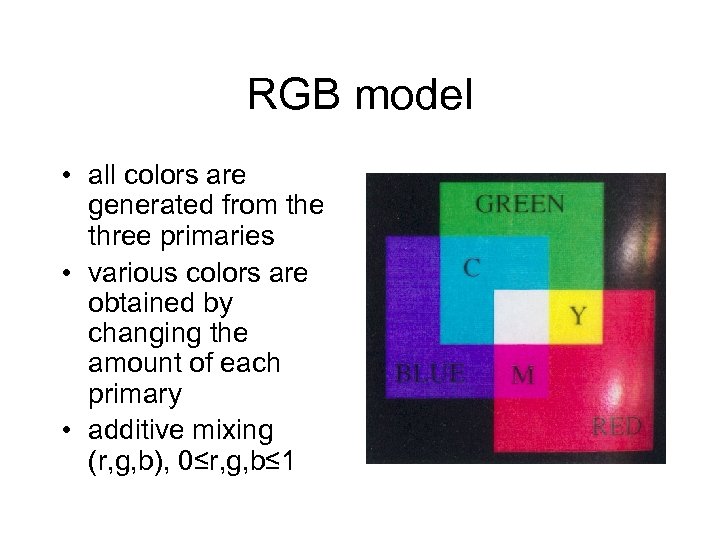 RGB model • all colors are generated from the three primaries • various colors