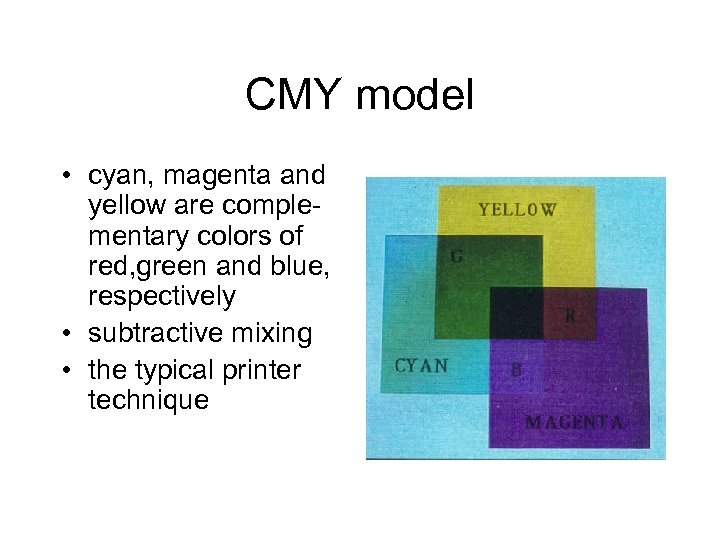 CMY model • cyan, magenta and yellow are complementary colors of red, green and