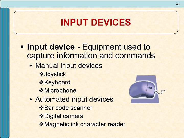 A-9 INPUT DEVICES § Input device - Equipment used to capture information and commands