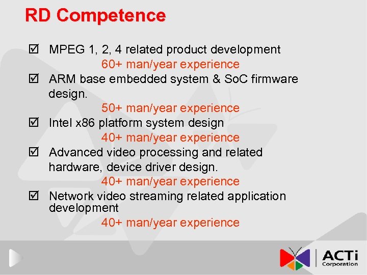 RD Competence þ MPEG 1, 2, 4 related product development 60+ man/year experience þ