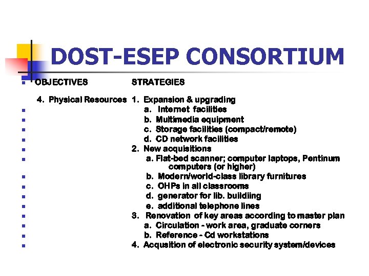 DOST-ESEP CONSORTIUM n n n n OBJECTIVES STRATEGIES 4. Physical Resources 1. Expansion &