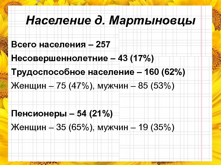 Население д. Мартыновцы Всего населения – 257 Несовершеннолетние – 43 (17%) Трудоспособное население –
