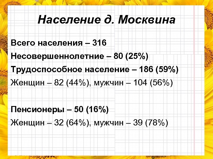 Население д. Москвина Всего населения – 316 Несовершеннолетние – 80 (25%) Трудоспособное население –
