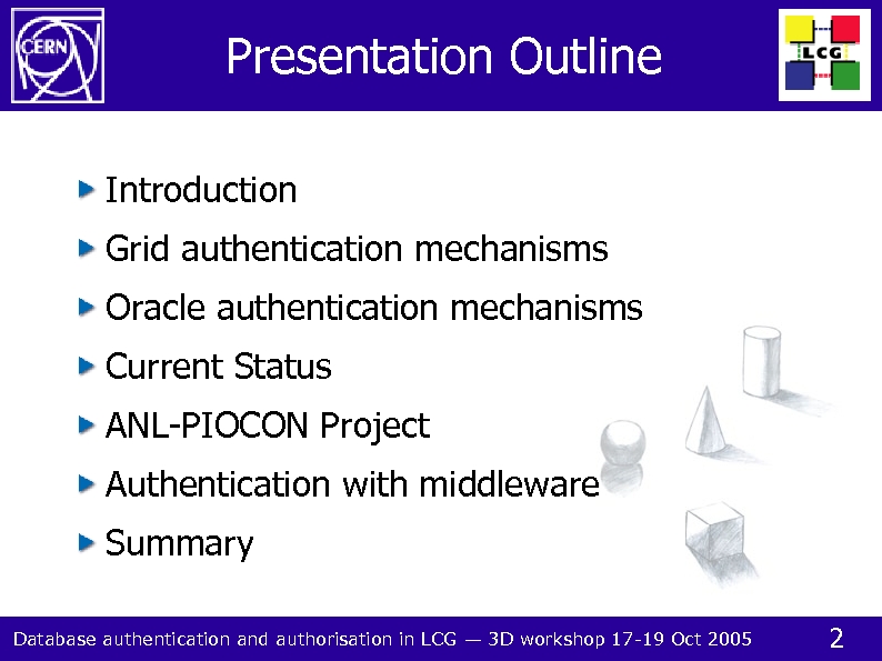 Presentation Outline Introduction Grid authentication mechanisms Oracle authentication mechanisms Current Status ANL-PIOCON Project Authentication