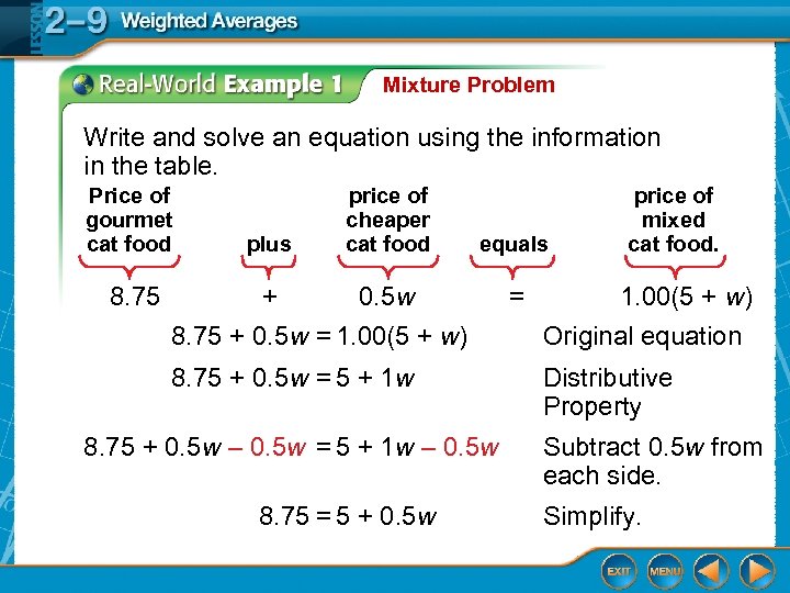 Mixture Problem Write and solve an equation using the information in the table. Price