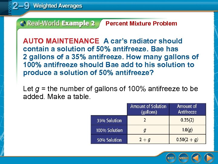 Percent Mixture Problem AUTO MAINTENANCE A car’s radiator should contain a solution of 50%