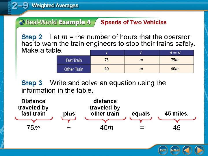 Speeds of Two Vehicles Step 2 Let m = the number of hours that