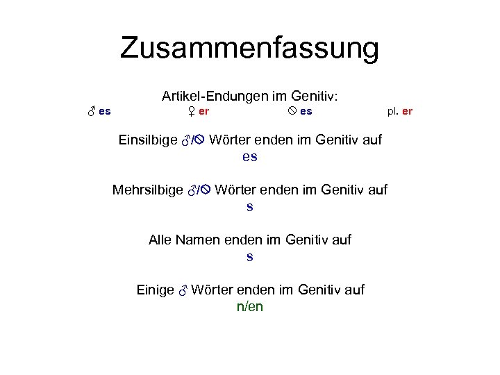 Zusammenfassung Artikel-Endungen im Genitiv: ♂ es ♀ er es Einsilbige ♂/ Wörter enden im