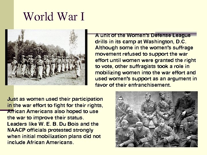 World War I A unit of the Women's Defense League drills in its camp