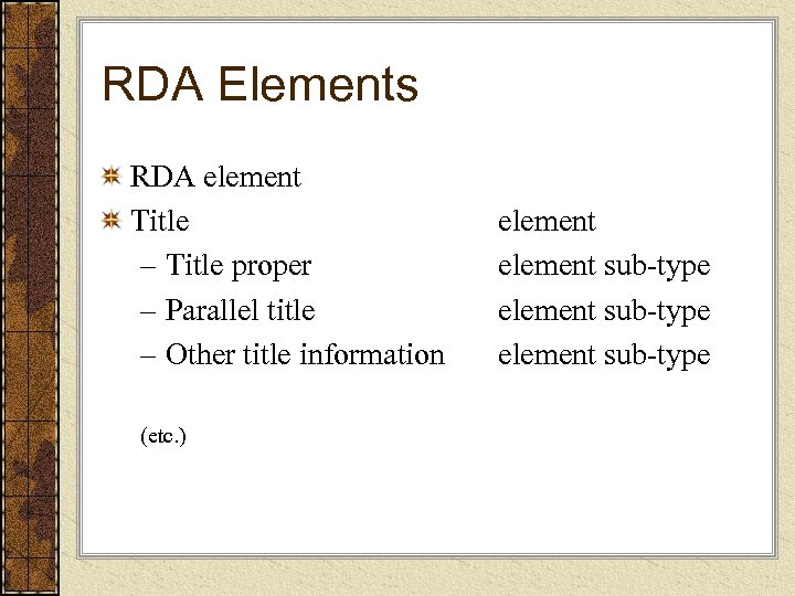 RDA Elements RDA element Title – Title proper – Parallel title – Other title