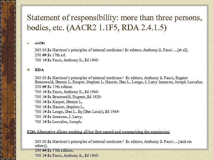 Statement of responsibility: more than three persons, bodies, etc. (AACR 2 1. 1 F