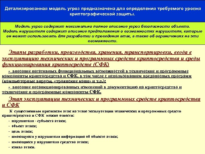168 Детализированная модель угроз предназначена для определения требуемого уровня криптографической защиты. Модель угроз содержит