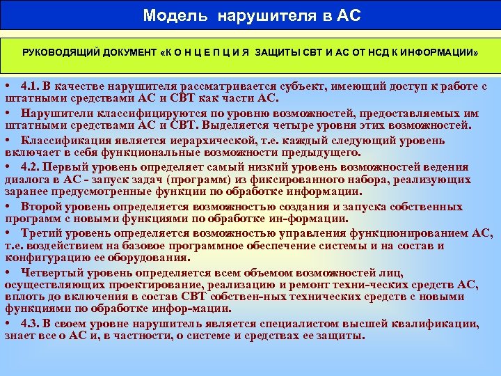  Модель нарушителя в АС 171 РУКОВОДЯЩИЙ ДОКУМЕНТ «К О Н Ц Е П