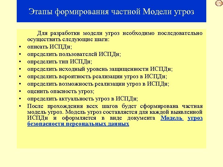 176 Этапы формирования частной Модели угроз Для разработки модели угроз необходимо последовательно осуществить следующие