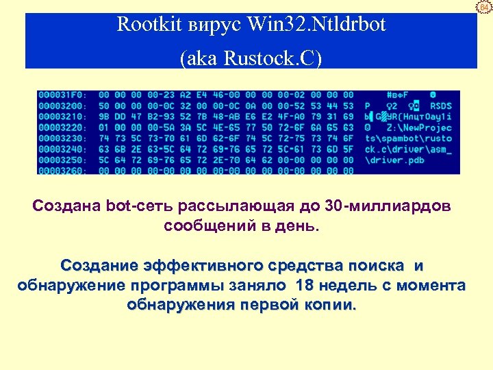 Rootkit вирус Win 32. Ntldrbot (aka Rustock. C) Создана bot сеть рассылающая до 30