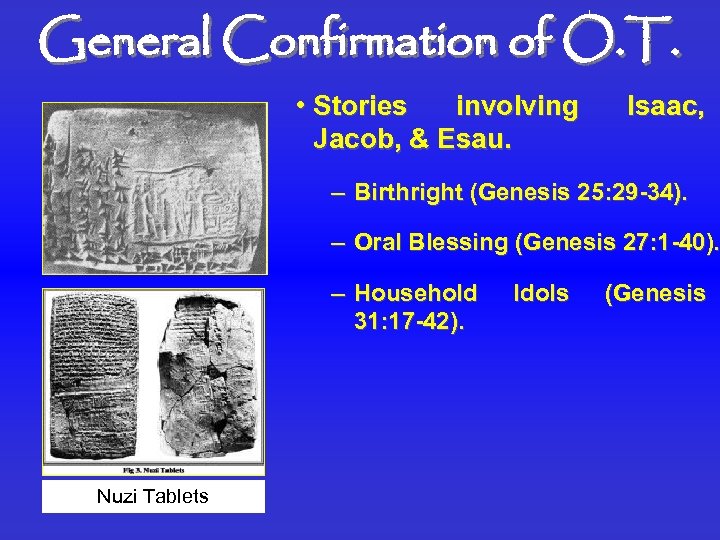 General Confirmation of O. T. • Stories involving Jacob, & Esau. Isaac, – Birthright