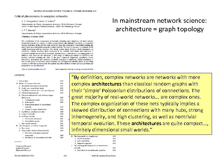 In mainstream network science: architecture = graph topology “By definition, complex networks are networks