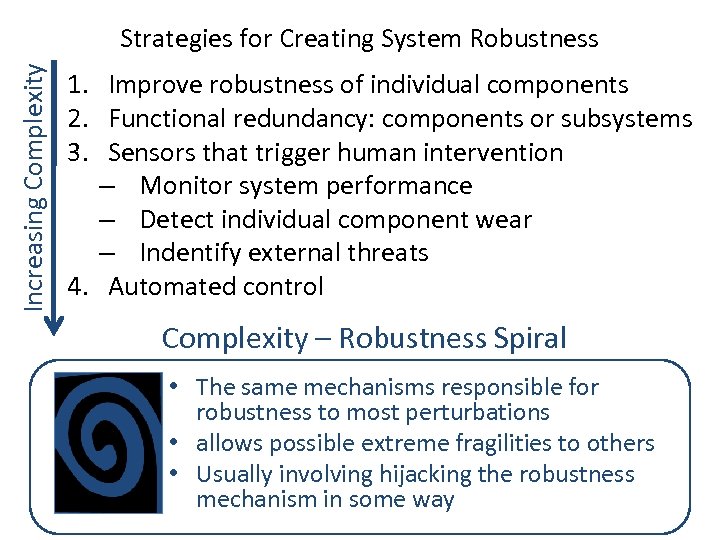 Increasing Complexity Strategies for Creating System Robustness 1. Improve robustness of individual components 2.