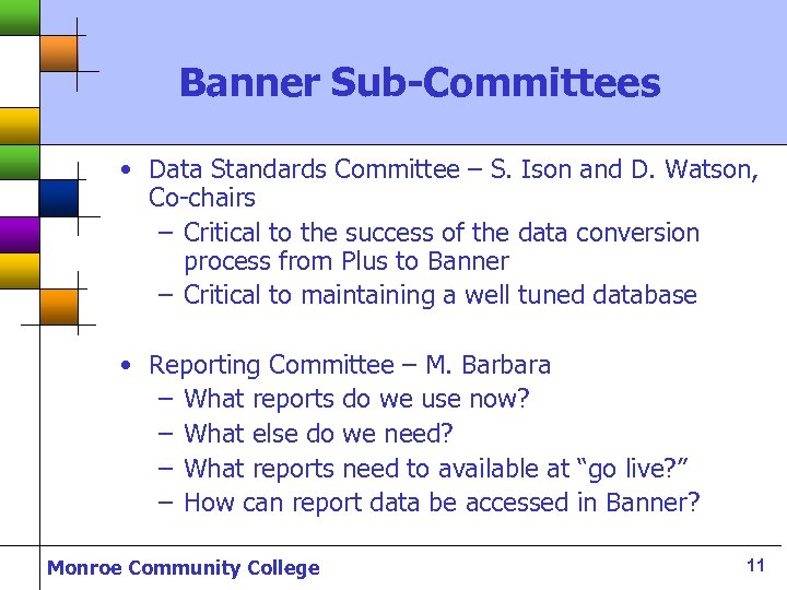 Banner Sub-Committees • Data Standards Committee – S. Ison and D. Watson, Co-chairs –