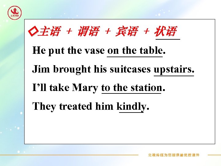 ◇主语 + 谓语 + 宾语 + 状语 He put the vase on the table.