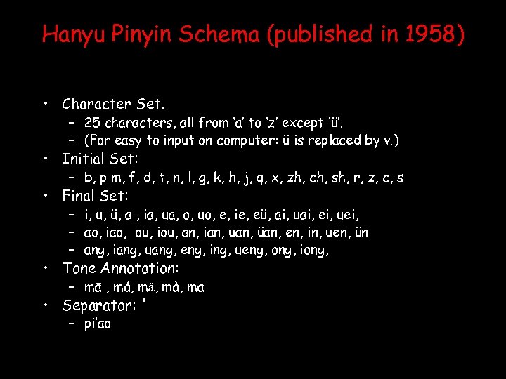 Hanyu Pinyin Schema (published in 1958) • Character Set. – 25 characters, all from