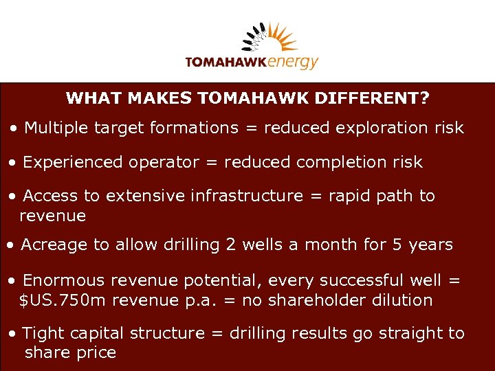 WHAT MAKES TOMAHAWK DIFFERENT? • Multiple target formations = reduced exploration risk • Experienced