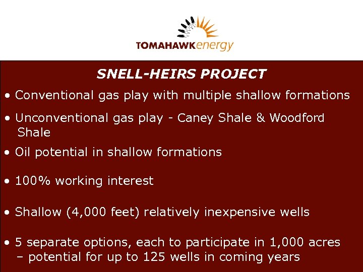 SNELL-HEIRS PROJECT • Conventional gas play with multiple shallow formations • Unconventional gas play