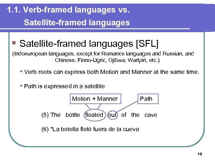 1. 1. Verb-framed languages vs. Satellite-framed languages § Satellite-framed languages [SFL] (Indoeuropean languages, except