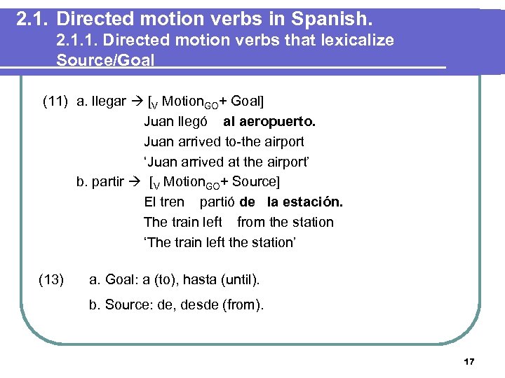 2. 1. Directed motion verbs in Spanish. 2. 1. 1. Directed motion verbs that