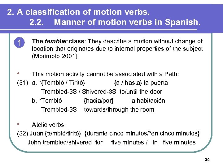 2. A classification of motion verbs. 2. 2. Manner of motion verbs in Spanish.