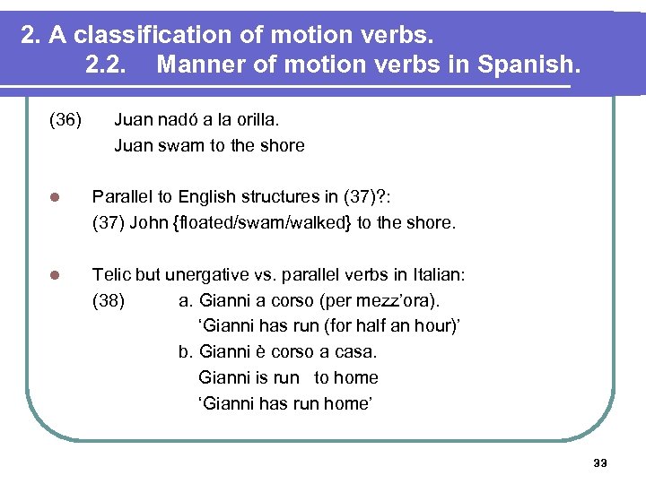 2. A classification of motion verbs. 2. 2. Manner of motion verbs in Spanish.