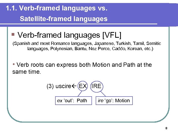 1. 1. Verb-framed languages vs. Satellite-framed languages § Verb-framed languages [VFL] (Spanish and most