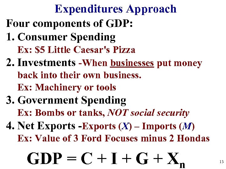 Expenditures Approach Four components of GDP: 1. Consumer Spending Ex: $5 Little Caesar's Pizza