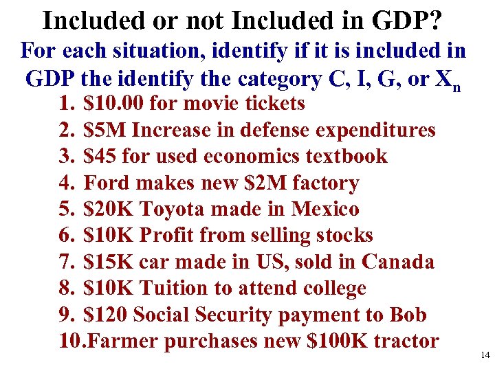 Included or not Included in GDP? For each situation, identify if it is included