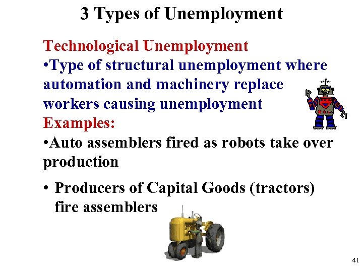 3 Types of Unemployment Technological Unemployment • Type of structural unemployment where automation and