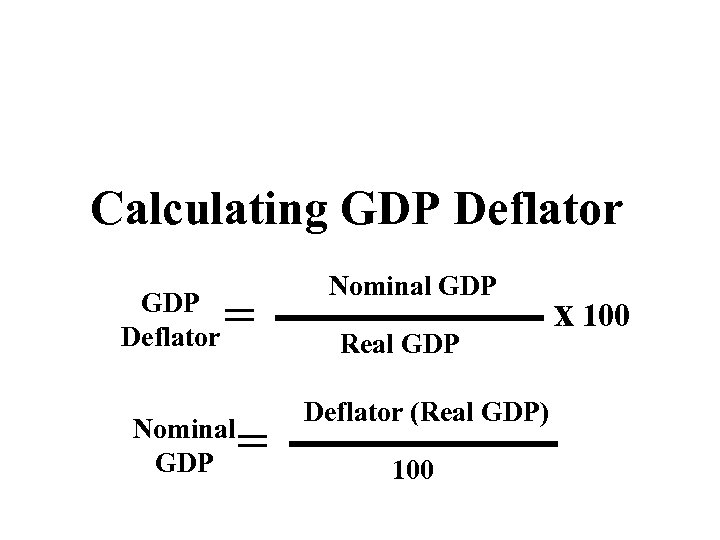 Calculating GDP Deflator = Nominal GDP = Nominal GDP Real GDP x 100 Deflator