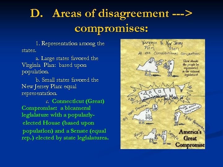 D. Areas of disagreement ---> compromises: 1. Representation among the states. a. Large states