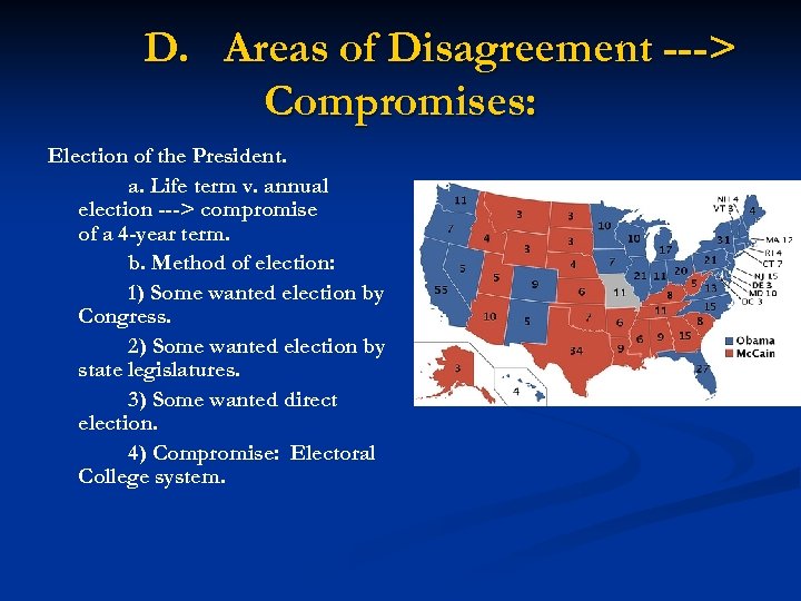D. Areas of Disagreement ---> Compromises: Election of the President. a. Life term v.