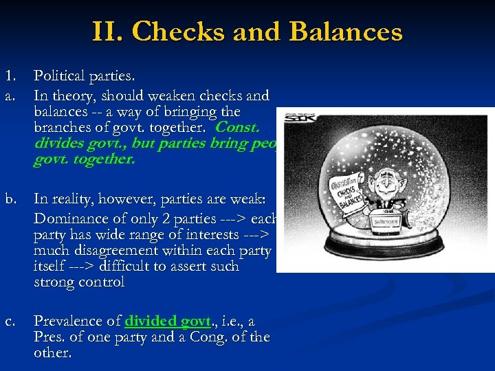 II. Checks and Balances 1. a. Political parties. In theory, should weaken checks and