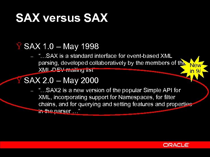 SAX versus SAX Ÿ SAX 1. 0 – May 1998 – “…SAX is a