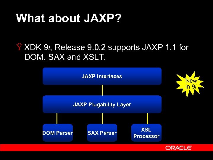 What about JAXP? Ÿ XDK 9 i, Release 9. 0. 2 supports JAXP 1.