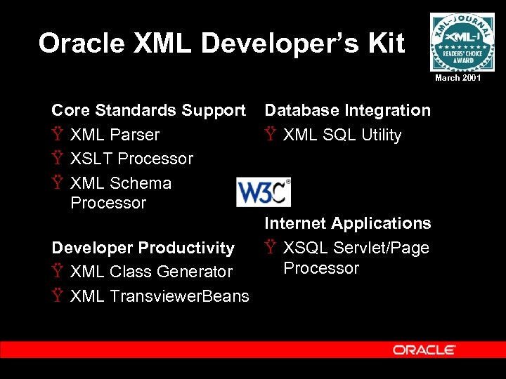 Oracle XML Developer’s Kit March 2001 Core Standards Support Ÿ XML Parser Ÿ XSLT